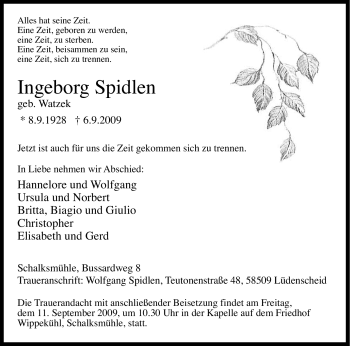 Traueranzeige von Ingeborg Spidlen von Tageszeitung
