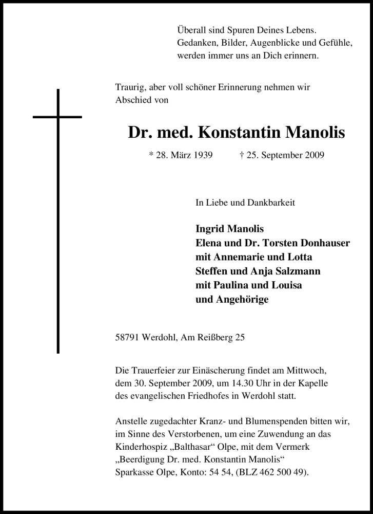  Traueranzeige für Konstantin Manolis vom 26.09.2009 aus Tageszeitung