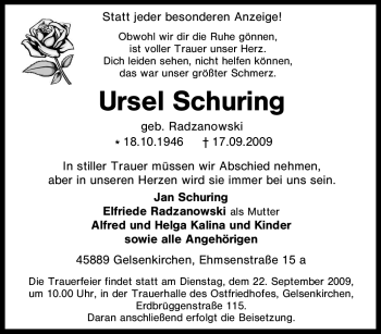 Traueranzeige von Ursel Schuring von Tageszeitung