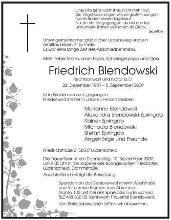 Traueranzeige von Friedrich Blendowski von Tageszeitung
