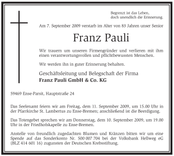 Traueranzeige von Franz Pauli von Tageszeitung