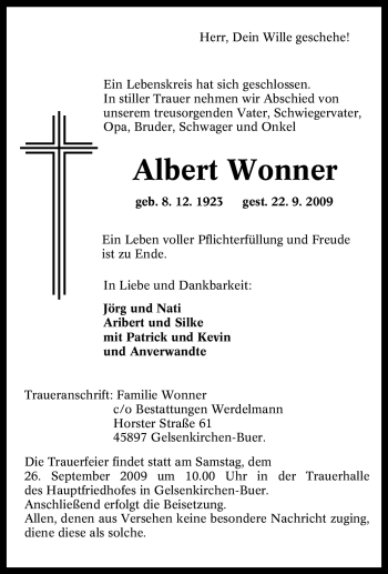 Traueranzeige von Albert Wonner von Tageszeitung