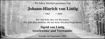 Traueranzeige von Johann-Hinrich von Lintig von Tageszeitung