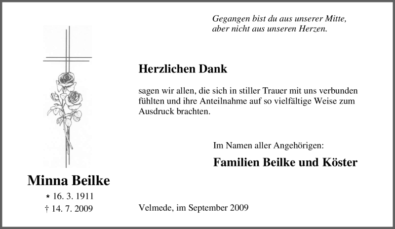  Traueranzeige für Minna Beilke vom 04.09.2009 aus Tageszeitung