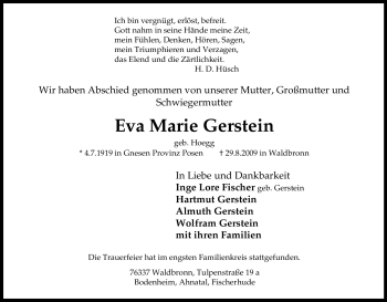 Traueranzeige von Eva Marie Gerstein von Tageszeitung