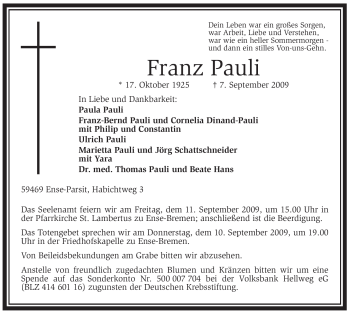 Traueranzeige von Franz Pauli von Tageszeitung