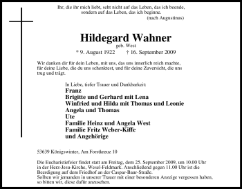 Traueranzeige von Hildegard Wahner von Tageszeitung