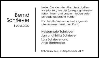 Traueranzeige von Bernd Schriever von Tageszeitung