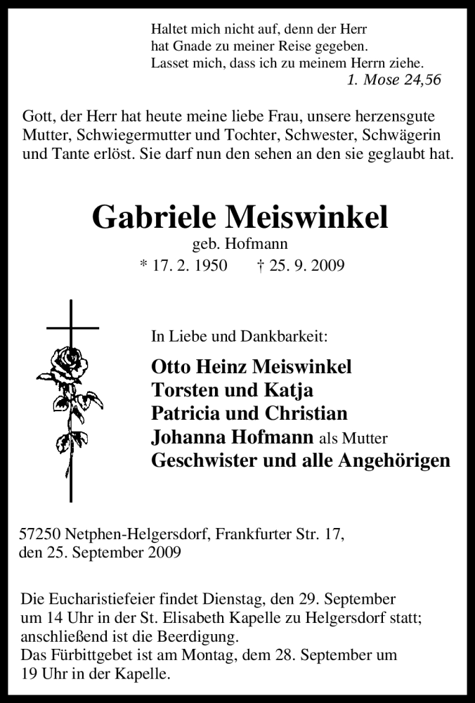  Traueranzeige für Gabriele Meiswinkel vom 28.09.2009 aus Tageszeitung