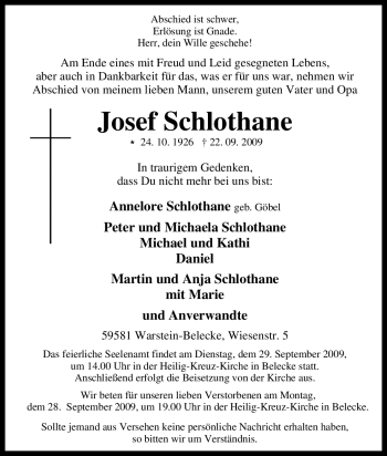 Traueranzeige von Josef Schlothane von Tageszeitung