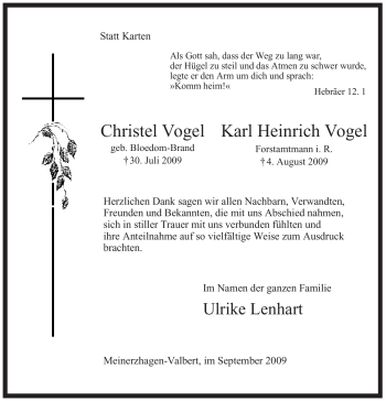 Traueranzeige von Karl Heinrich Vogel von Tageszeitung
