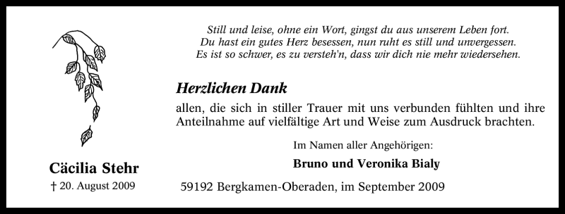  Traueranzeige für Cäcilia Stehr vom 12.09.2009 aus Tageszeitung