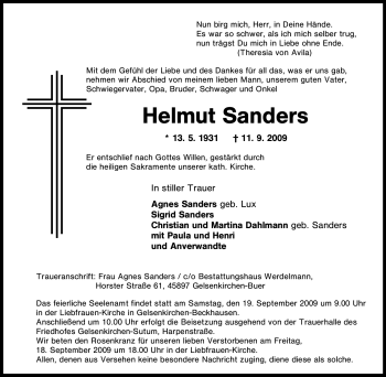 Traueranzeige von Helmut Sanders von Tageszeitung