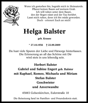 Traueranzeige von Helga Balster von Tageszeitung