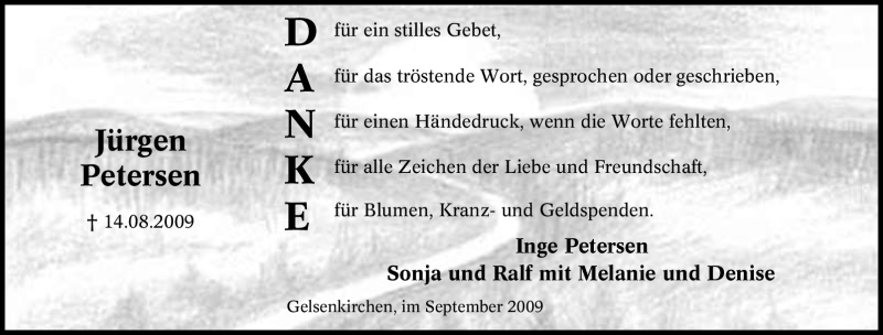  Traueranzeige für Jürgen Petersen vom 12.09.2009 aus Tageszeitung