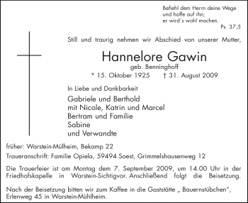 Traueranzeige von Hannelore Gawin von Tageszeitung