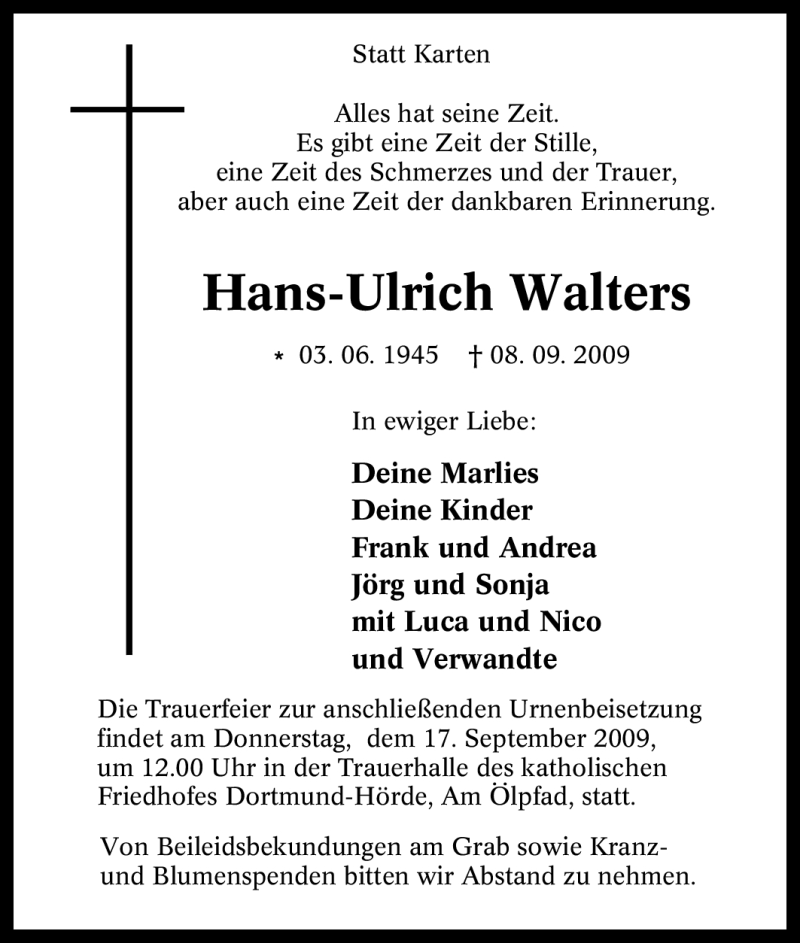  Traueranzeige für Hans-Ulrich Walters vom 15.09.2009 aus Tageszeitung