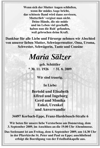 Traueranzeige von Maria Sälzer von Tageszeitung