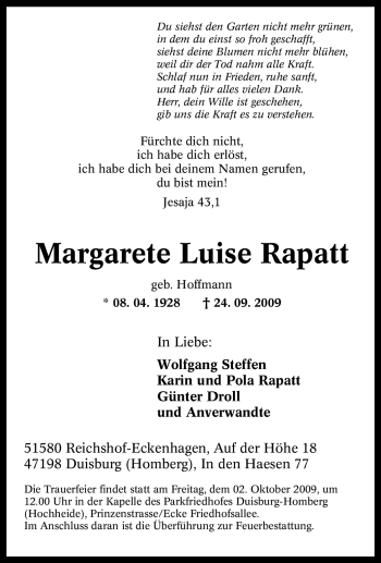 Traueranzeige von Margarete Luise Rapatt von Tageszeitung