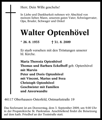 Traueranzeige von Walter Optenhövel von Tageszeitung