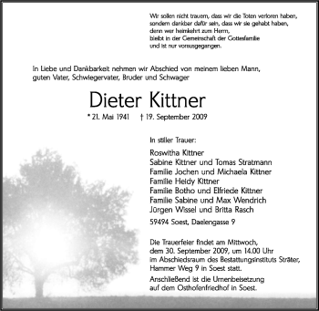 Traueranzeige von Dieter Kittner von Tageszeitung