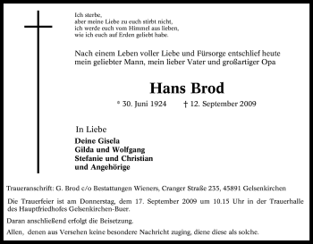 Traueranzeige von Hans Brod von Tageszeitung