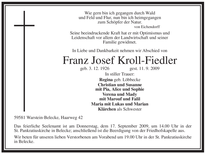  Traueranzeige für Franz Josef Kroll-Fiedler vom 15.09.2009 aus Tageszeitung