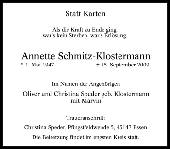 Traueranzeige von Annette Schmitz-Klostermann von Tageszeitung