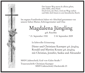 Traueranzeige von Magdalena Jüngling von Tageszeitung