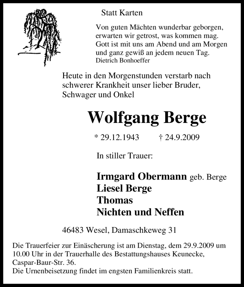  Traueranzeige für Wolfgang Berge vom 25.09.2009 aus Tageszeitung