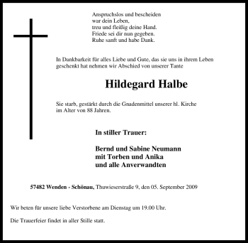 Traueranzeige von Hildegard Halbe von Tageszeitung