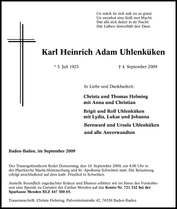 Traueranzeige von Karl Heinrich Adam Uhlenküken von Tageszeitung