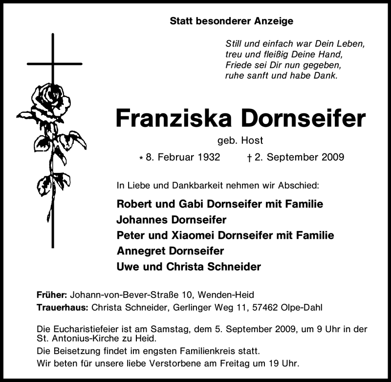  Traueranzeige für Franziska Dornseifer vom 04.09.2009 aus Tageszeitung
