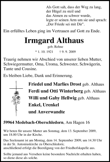 Traueranzeige von Irmgard Althaus von Tageszeitung