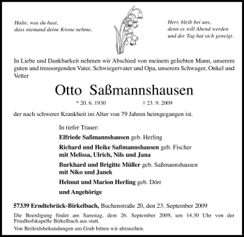 Traueranzeige von Otto Saßmannshausen von Tageszeitung