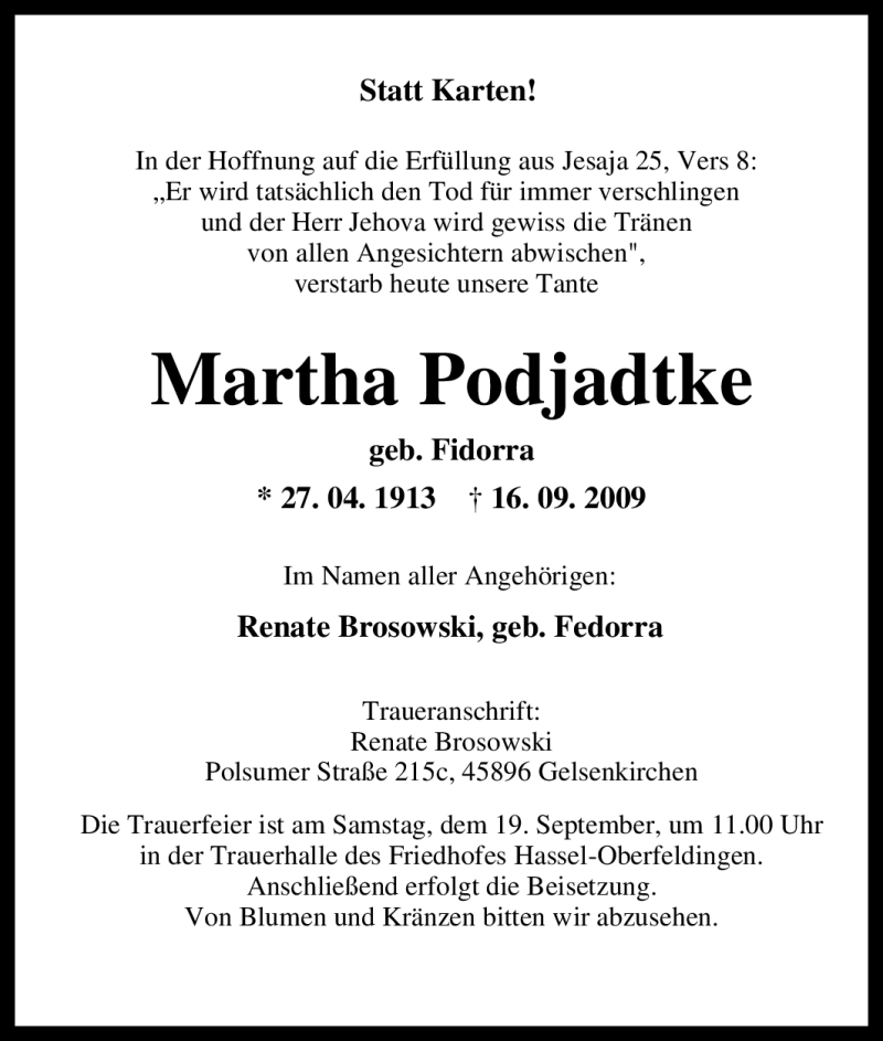  Traueranzeige für Martha Podjadtke vom 17.09.2009 aus Tageszeitung