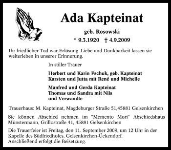 Traueranzeige von Ada Kapteinat von Tageszeitung