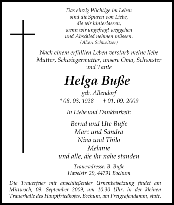 Traueranzeige von Helga Buße von Tageszeitung