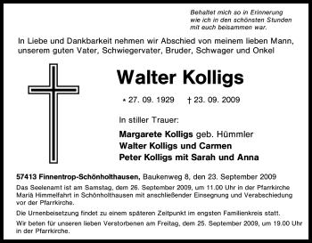 Traueranzeige von Walter Kolligs von Tageszeitung