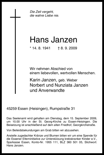 Traueranzeige von Hans Janzen von Tageszeitung