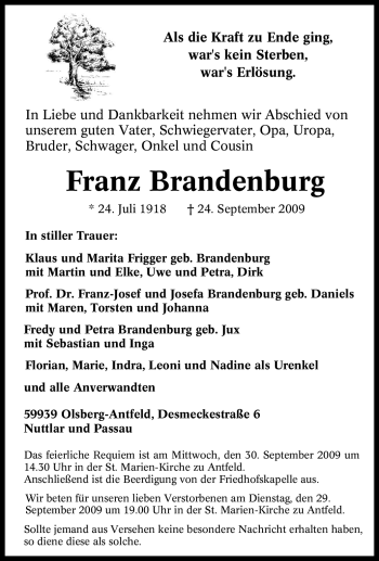 Traueranzeige von Franz Brandenburg von Tageszeitung
