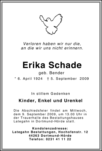 Traueranzeige von Erika Schade von Tageszeitung