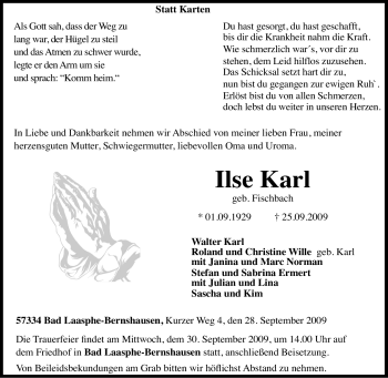 Traueranzeige von Ilse Karl von Tageszeitung