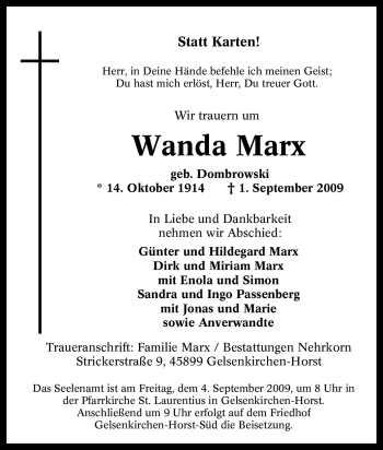 Traueranzeige von Wanda Marx von Tageszeitung