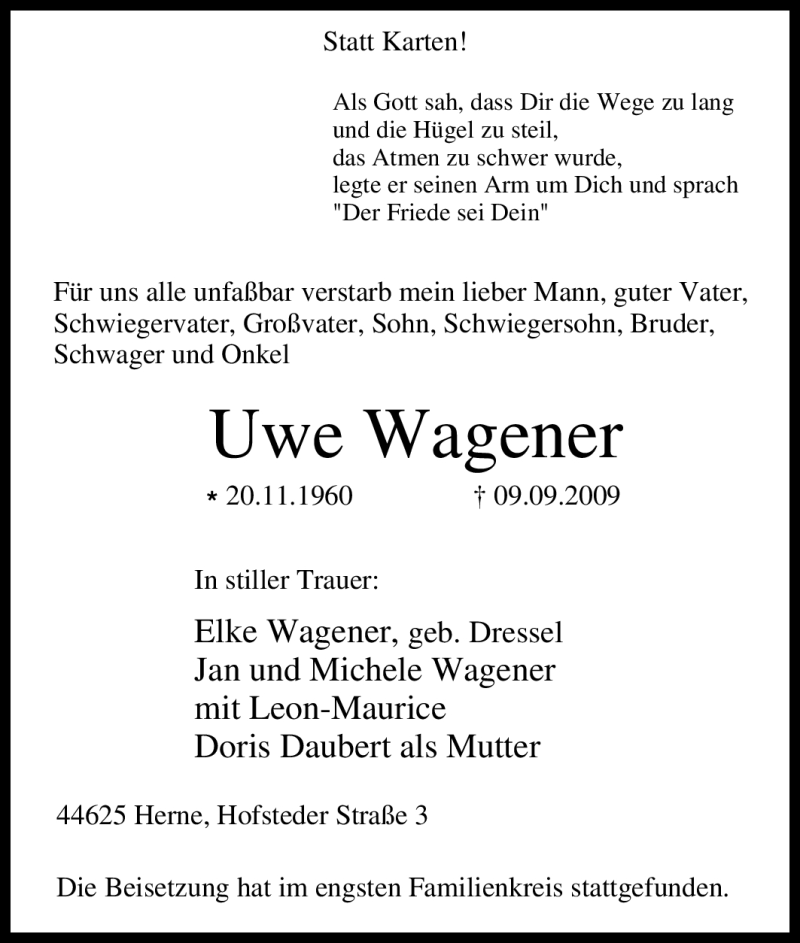  Traueranzeige für Uwe Wagener vom 18.09.2009 aus Tageszeitung