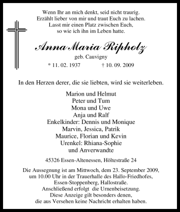 Traueranzeige von Anna Maria Ripholz von Tageszeitung