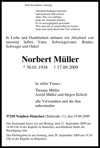 Traueranzeige von Norbert Müller von Tageszeitung