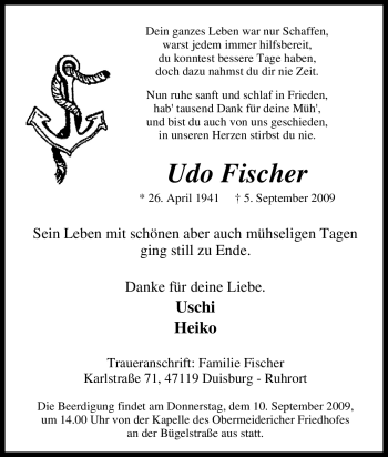 Traueranzeige von Udo Fischer von Tageszeitung