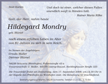 Traueranzeige von Hildegard Mondry von Tageszeitung