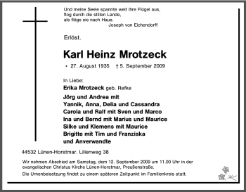 Traueranzeige von Karl Heinz Mrotzeck von Tageszeitung